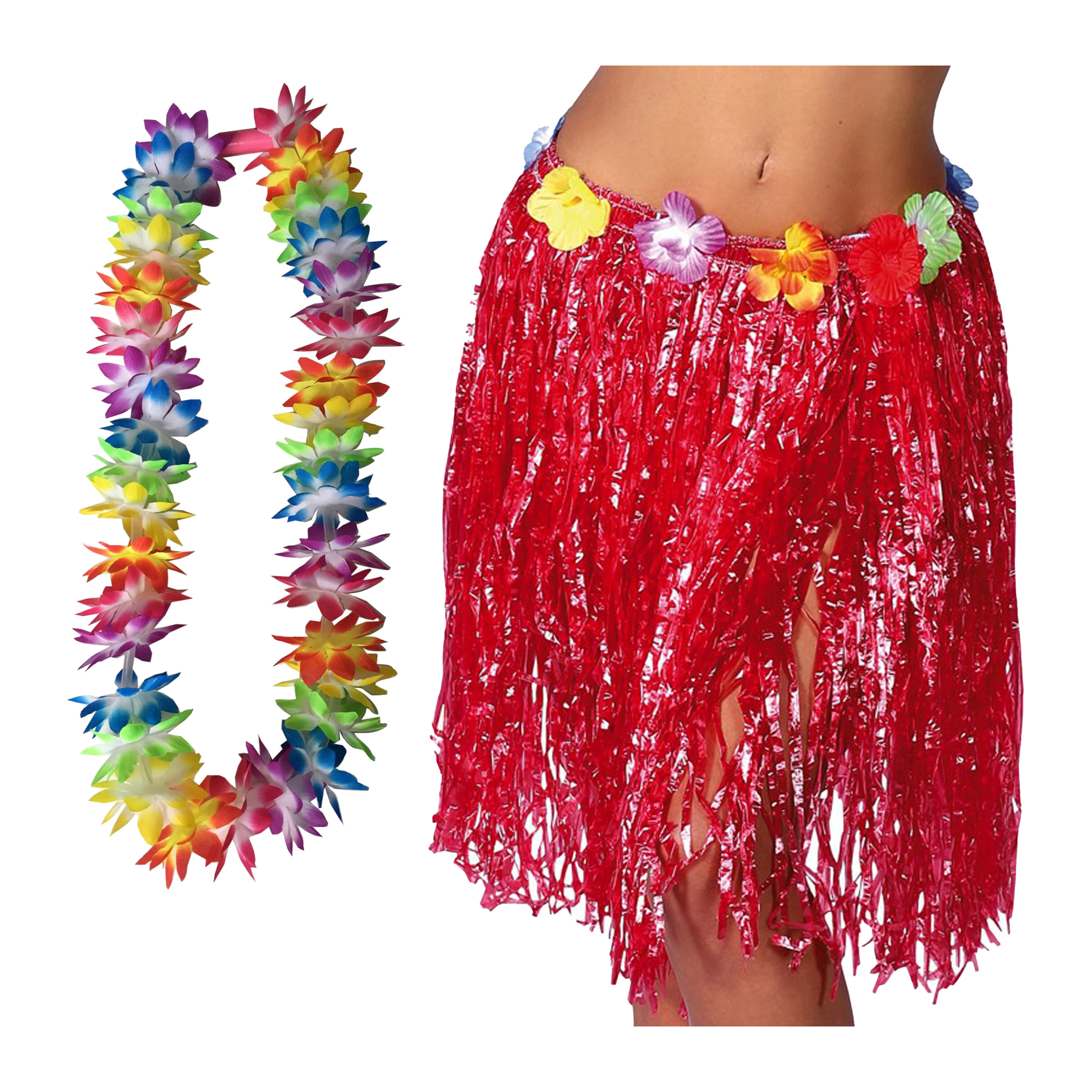 Toppers - Hawaii verkleed hoela rokje en bloemenkrans met led - volwassenen - rood - tropisch themafeest Top Merken Winkel